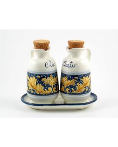 Italian oil and vinegar set with tray from the Rinascimento Blu e Giallo collection handmade by Ceramiche Rampini in Gubbio, Italy
