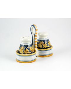 Italian salt and pepper shakers set from the Rinascimento Blu e Giallo collection handmade by Ceramiche Rampini in Gubbio, Italy