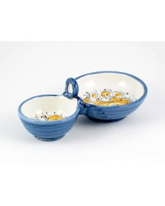 Italian double olive bowl from the Rinascimento Blu e Giallo collection handmade by Ceramiche Rampini in Gubbio, Italy