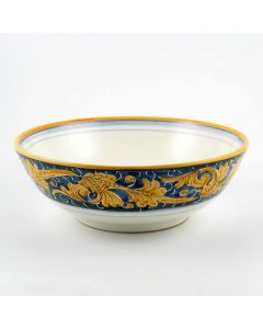 Italian serving bowl from the Rinascimento Blu e Giallo collection handmade by Ceramiche Rampini in Gubbio, Italy