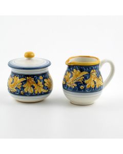 Italian creamer & sugar set from the Rinascimento Blu e Giallo collection handmade by Ceramiche Rampini in Gubbio, Italy