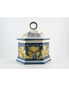 Italian cookie jar from the Rinascimento Blu e Giallo collection handmade by Ceramiche Rampini in Gubbio, Italy