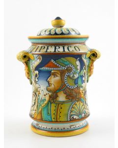 Italian apothecary jar featuring a Renaissance-style portrait of a warrior with long hair handmade by Alvaro Binaglia in Deruta Italy - main image