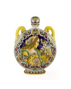 Italian pilgrim flask featuring a Renaissance-style portrait of Julia Bella handmade by Alvaro Binaglia in Deruta Italy - main image