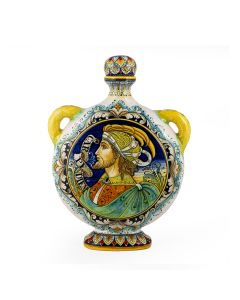 Italian pilgrim flask featuring two Renaissance-style portraits handmade by Alvaro Binaglia in Deruta Italy - main image