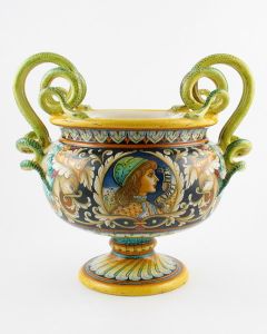 Italian footed bowl featuring a Renaissance-style portrait of Angiolo & Isabella handmade by Alvaro Binaglia in Deruta Italy - main image