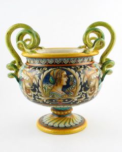 Italian footed bowl featuring a Renaissance-style portrait of Isabella handmade by Alvaro Binaglia in Deruta Italy - main image