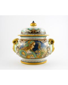 Italian jar with scrolled handles featuring a Renaissance-style portrait of Julia Bella handmade by Alvaro Binaglia in Deruta Italy - main image