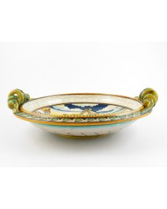 Italian centerpiece bowlfeaturing a Renaissance-style portrait of a knight handmade by Alvaro Binaglia in Deruta Italy - main image