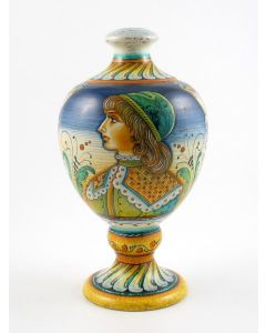 Italian table lamp featuring a Renaissance-style portrait of Angiolo handmade by Alvaro Binaglia in Deruta Italy - main image