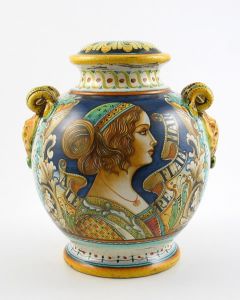 Italian table lamp featuring a Renaissance-style portrait of Laura handmade by Alvaro Binaglia in Deruta Italy - main image