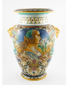 Italian umbrella stand featuring a Renaissance-style portrait of a woman with pearls handmade by Alvaro Binaglia in Deruta Italy - main image