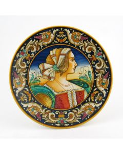 Italian wall plate featuring a Renaissance-style portrait of Artemisia handmade by Alvaro Binaglia in Deruta Italy - main image