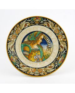 Italian wall plate featuring a Renaissance-style portrait of Julia Bella handmade by Alvaro Binaglia in Deruta Italy - main image