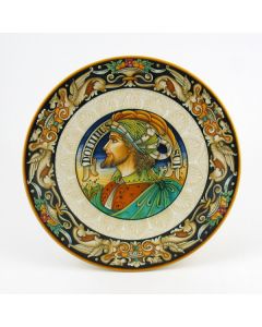 Italian wall plate featuring a Renaissance-style portrait of Antonio Bello handmade by Alvaro Binaglia in Deruta Italy - main image