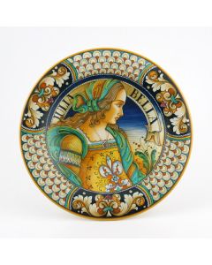 Italian wall plate featuring a Renaissance-style portrait of Julia Bella handmade by Alvaro Binaglia in Deruta Italy - main image