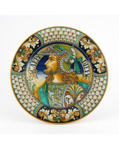 Italian wall plate featuring a Renaissance-style portrait of a warrior with long hair handmade by Alvaro Binaglia in Deruta Italy - main image