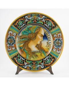 Italian wall plate featuring a Renaissance-style portrait of Lucrezia handmade by Alvaro Binaglia in Deruta Italy - main image