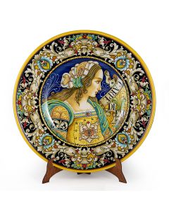 Italian wall plate featuring a Renaissance-style portrait of Julia Bella handmade by Alvaro Binaglia in Deruta Italy - main image