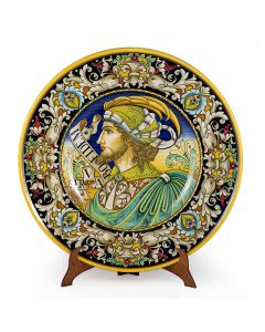 Italian wall plate featuring a Renaissance-style portrait of Antonio Bello handmade by Alvaro Binaglia in Deruta Italy - main image