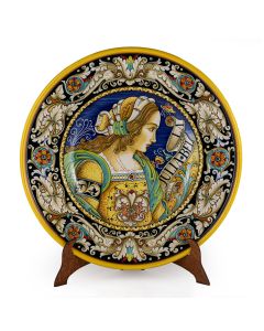 Italian wall plate featuring a Renaissance-style portrait of Julia Bella handmade by Alvaro Binaglia in Deruta Italy - main image
