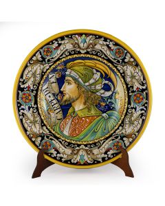 Italian wall plate featuring a Renaissance-style portrait of Antonio Bello handmade by Alvaro Binaglia in Deruta Italy - main image