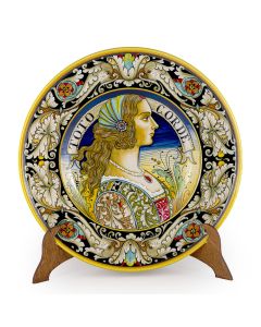 Italian wall plate featuring a Renaissance-style portrait of a woman with pearls handmade by Alvaro Binaglia in Deruta Italy - main image