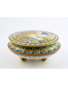 Italian footed box jar featuring a Renaissance-style portrait of a woman with pearls handmade by Alvaro Binaglia in Deruta Italy - main image