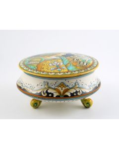 Italian footed box jar featuring a Renaissance-style portrait of Julia Bella handmade by Alvaro Binaglia in Deruta Italy - main image