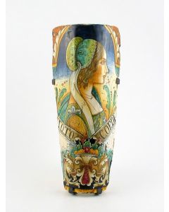 Italian wall lamp featuring a Renaissance-style portrait of Elena handmade by Alvaro Binaglia in Deruta Italy - main image