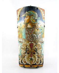 Italian wall lamp featuring a Renaissance-style portrait of a warrior with long hair handmade by Alvaro Binaglia in Deruta Italy - main image