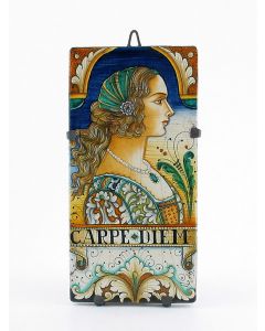 Italian tile plaque featuring a Renaissance-style portrait of a woman with pearls handmade by Alvaro Binaglia in Deruta Italy - main image