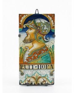 Italian tile plaque featuring a Renaissance-style portrait of a warrior with helmet handmade by Alvaro Binaglia in Deruta Italy - main image