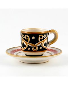 Barocco Nero Italian espresso cup and saucer handmade by Fima in Deruta