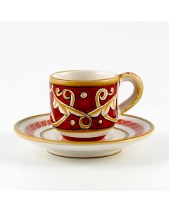 Barocco Rosso Italian espresso cup and saucer handmade by Fima in Deruta
