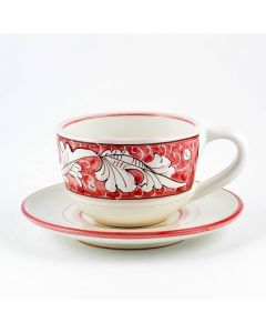 Italian tea cup and saucer from the Rinascimento Rosa e Bianco collection handmade by Ceramiche Rampini in Gubbio, Italy