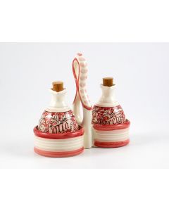 Italian oil and vinegar set from the Rinascimento Rosa e Bianco collection handmade by Ceramiche Rampini in Gubbio, Italy