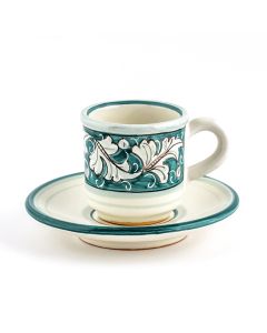 Italian espresso cup and saucer from the Rinascimento Verde e Bianco collection handmade by Ceramiche Rampini in Gubbio, Italy