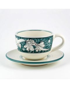 Italian tea cup and saucer from the Rinascimento Verde e Bianco collection handmade by Ceramiche Rampini in Gubbio, Italy