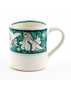 Italian mug from the Rinascimento Verde e Bianco collection handmade by Ceramiche Rampini in Gubbio, Italy