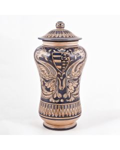 Italian blue and cream apothecary jar handmade by Ceramiche Magnanelli in Gubbio, Italy