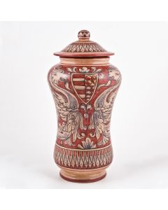 Italian red and cream apothecary jar handmade by Ceramiche Magnanelli in Gubbio, Italy