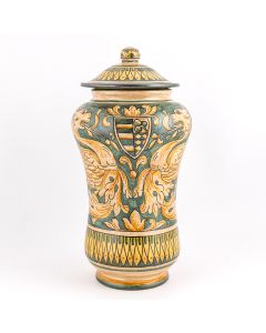 Italian green and cream apothecary jar handmade by Ceramiche Magnanelli in Gubbio, Italy