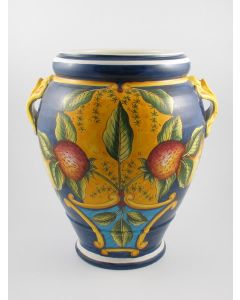 Tuscan umbrella stand from the Frutti Blu collection featuring fruit and leaves on a blue background, handmade by Ima in Montelupo Fiorentino - Italy