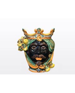 Sicilian head with lemons. It features a Moorish character decorated in rich shades of green and orange. It is handcrafted in Caltagirone, Italy. Small