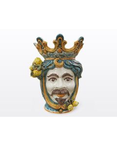 Sicilian Moorish head with lemons. It features a male character decorated in rich shades of blue and orange. It is handcrafted in Caltagirone, Italy. Large