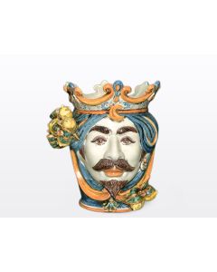 Sicilian Moorish head with lemons. It features a male character decorated in rich shades of blue and orange. It is handcrafted in Caltagirone, Italy. Small