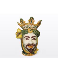 Sicilian Moorish head with lemons. It features a male character decorated in rich shades of green and orange. It is handcrafted in Caltagirone, Italy. Large