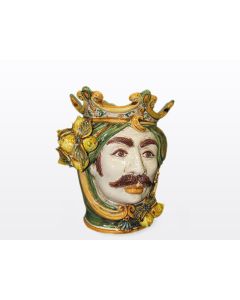 Sicilian Moorish head with lemons. It features a male character decorated in rich shades of green and orange. It is handcrafted in Caltagirone, Italy. Small