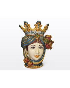 Sicilian Moorish head with pomegranates. It features a female character decorated in rich shades of blue and orange. It is handcrafted in Caltagirone, Italy. Large